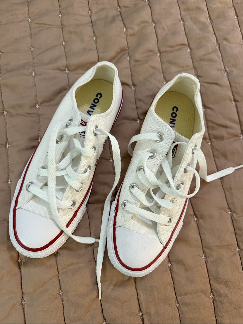 Converse Women’s White Canvas Low-Top Sneakers with Red Stripe